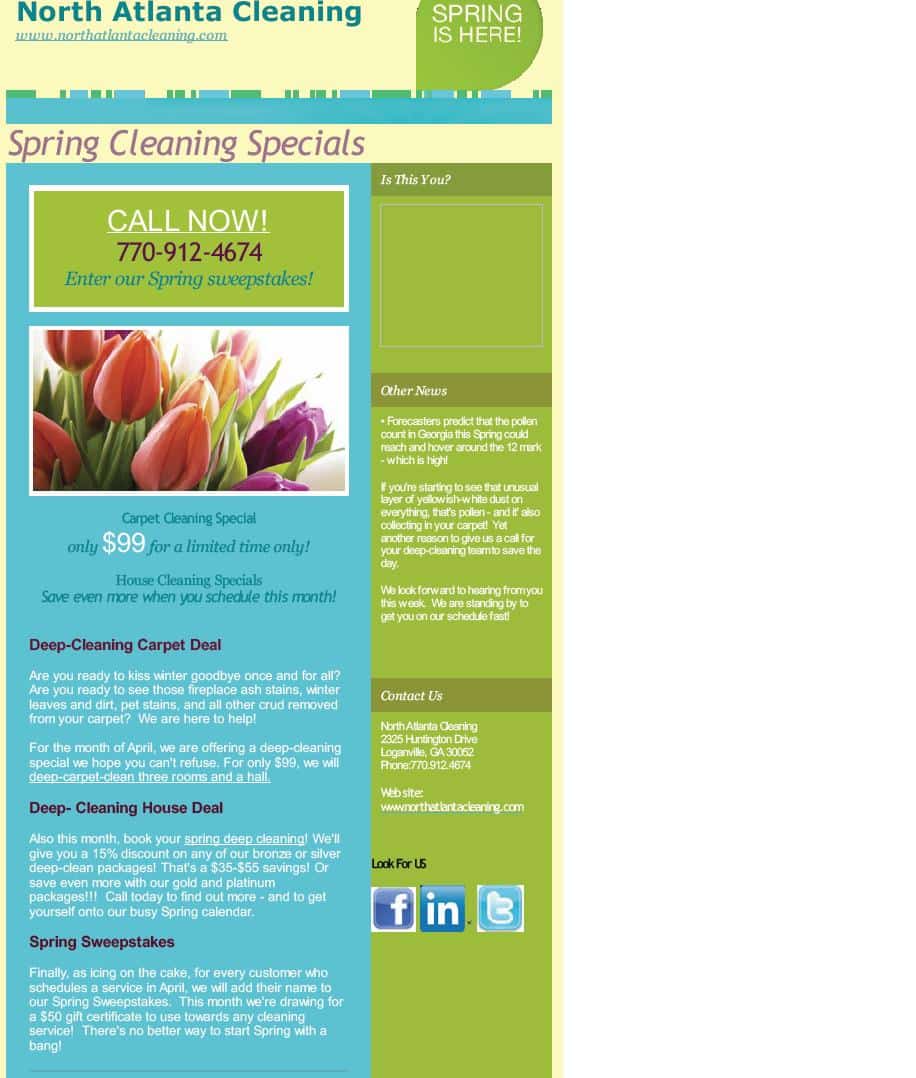 Spring cleaning specials $99 carpet cleaning, and 15% off deep house cleaning